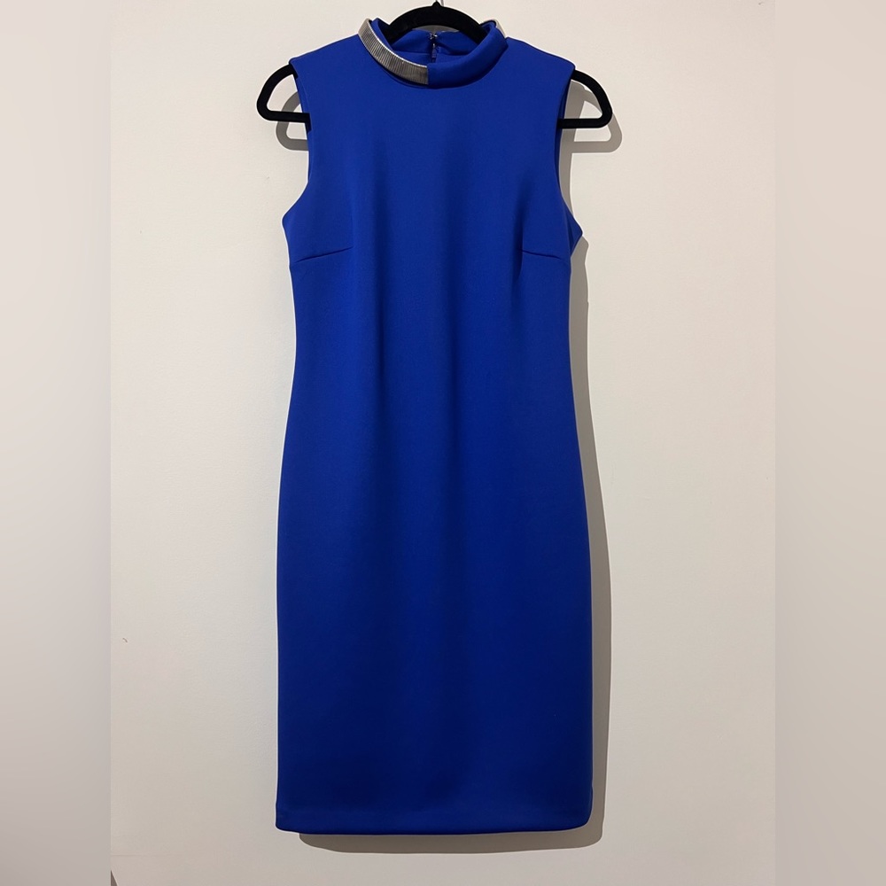 Calvin Klein blue fitted dress with silver neck detail
